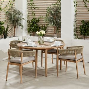 Modern Teak <b>Dining</b> Set Rope Back Cushioned Seats Outdoor Patio Garden Furniture Scandinavian Style - Product Image 1