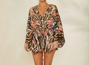 Caftán corto con estampado de bloques de verano para mujer, ropa informal de estilo vintage con lazo en la cintura, para vacaciones y fiesta en la playa - Product Image 4