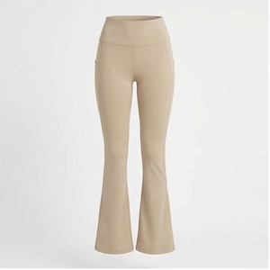 Pantalones de Yoga de Cintura Alta con Pierna Ancha, Color Sólido, Cintura Elástica Sin Costuras, Largo hasta el Tobillo, con Bolsillos, Elásticos en Cuatro Direcciones, Spandex, Poliéster - Product Image 1