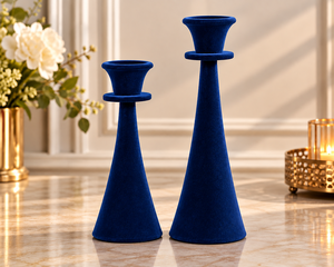 Ensemble de 2 porte-bougies coniques en velours bleu de luxe, supports décoratifs en métal pour bougies, pour mariage et décoration intérieure - Product Image 3