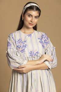 High Quality Beige Floral Printed Flared Dress Cotton Blend Dress with <b>Three</b>-Quarter Sleeves for Women for Export Selling Price - Product Image 4