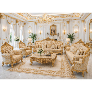 Turkish Theme Wooden Handcarved <b>Sofa</b> <b>Set</b> For Living Room Ornate Gold Leaf Carved 8 Seater Living Room Furniture At Factory Price - Product Image 5