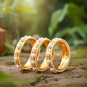 Ethnic Gold Plated <b>Copper</b> Brass <b>Bangles</b> with Pearl Bezel Setting - Product Image 3