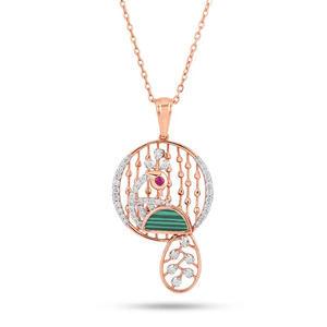 Collier avec pendentif en plumes de paon, malachite et pierres de rubis, serti de diamants - Product Image 1