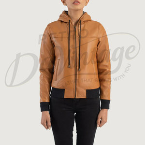 Women Tan Real <b>Leather</b> Hooded Bomber <b>Jacket</b> Black Ribbed Trim Slim Fit Premium Sheepskin Casual Winter Outerwear Fashionable - Product Image 6