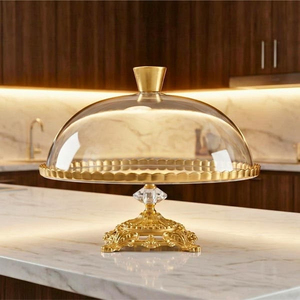 Support à gâteau doré avec couvercle en verre, forme hémisphérique, support de présentation de dessert réutilisable, couvercle de présentation de gâteau - Product Image 1