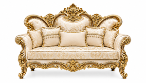 Juego de Sala de Estar de Madera de Teca de Lujo Estilo Castillo, Tallado a Mano, Sofá y Sillón Maharaja con Detalles en Oro - Product Image 3