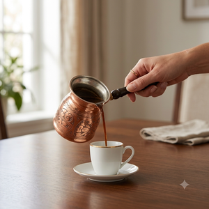 Cafetera turca de cobre de lujo con grabado floral, Cezve, con mango de madera con incrustaciones de nácar, para estufa, Briki griega - Product Image 4