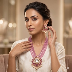 Collier et boucles d'oreilles sertis de diamants CVD cultivés en laboratoire Polki et rubis, or jaune 14 carats, bijoux de luxe certifiés, cadeau de fiançailles - Product Image 1