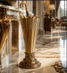 Paragüero de Latón Antiguo con Tallado Ornamental y Base de Pata de León para Decoración de Vestíbulo de Hotel - Product Image 1