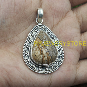 Pendentif en jaspe naturel, argent sterling 925, fait main, forme goutte d'eau, bijoux vintage de créateur, cadeau pour femme, pièce maîtresse - Product Image 4