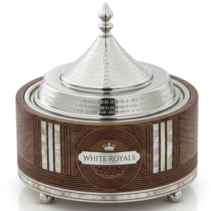 Luxury Royal Wooden Casserole Hotpot with Mother of Pearl Inlay & <b>Chrome</b> Finish Lid Premium Ramadan & Eid Buffet Serveware Bulk - Product Image 1