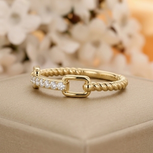 Pragalbh 14K Gold Rhodium Plated Diamond Bar <b>Ring</b> Minimalist Link Chain <b>Dainty</b> Pave Diamond for Men's Everyday Stacking Jewelry - Product Image 5