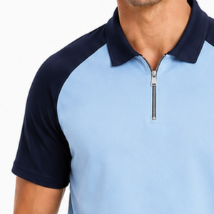 Polo à manches courtes pour homme personnalisé, col quart zippé, bleu clair et bleu marine, bicolore, pour le golf - Product Image 3