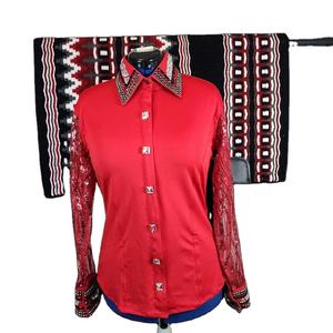Camisa roja de espectáculo occidental para mujer con mangas de lentejuelas y cuello de diamantes de imitación + almohadilla de sillín inspirada en Navajo | Rodeo Bling Outfit - Product Image 1
