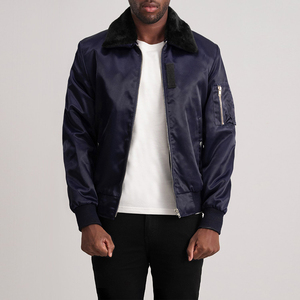 Men's Navy Blue Satin Bomber <b>Jacket</b> with Removable Black Faux Fur Collar Zipper Up Shiny Silk Flight <b>Jacket</b> Casual Winter Coat - Product Image 3