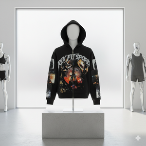 REXFIT SPORTS Sweat à capuche zippé noir imprimé numériquement sur mesure, en molleton épais, style streetwear, fermeture éclair intégrale, OEM - Product Image 6