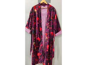 Robe Kimono Longue en Velours Tricoté Imprimé de Luxe, Épaisse, pour l'Automne et l'Hiver, Peignoir de Demoiselle d'Honneur, Robe de Chambre pour Femme, Violet - Product Image 3