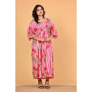 Robe longue maxi bohème 100% coton imprimé au bloc, écologique, pour femme, smockée, style indien, idéale pour les fêtes estivales - Product Image 2