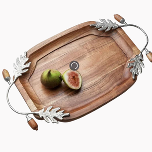 Bandeja de Madera de Diseño Atractivo para Servir Alimentos y Postres, Tabla de Nogal Negro de Alta Calidad con Asas de Peltre Hechas a Mano - Product Image 2