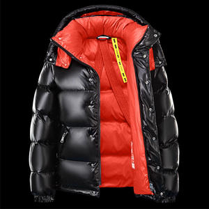 Men's Black Pu Puffer <b>Jacket</b> With Hood Windproof Zipper Closure Casual Winter Wear Solid Color Thick Down Filling Regular Fit - Product Image 6