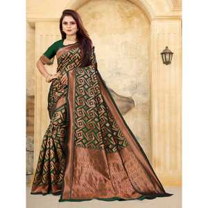 DERNIÈRE BANARSI SOIE JACQUARD TRAVAIL SAREE AVEC BLOUSE SANS COUTURE VERT - Product Image 1