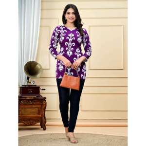 เสื้อคุर्ติผ้าป๊อปลินสีม่วง คอวี แขนสามส่วน สไตล์ลำลอง ลายอิคัต วินเทจ เป็นมิตรกับสิ่งแวดล้อม ผ้าฝ้าย 100% เหมาะสำหรับใส่ทำงาน - Product Image 5