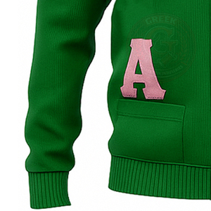 Cárdigan de punto acrílico verde y rosa Sorority Alpha para mujer, suéter con bordado griego, cuello en V, manga larga, estilo collage - Product Image 6