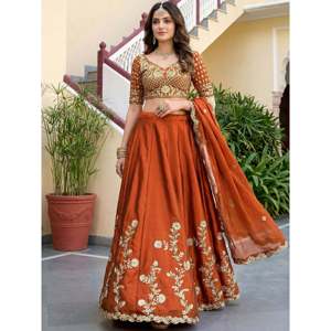 Plus Size Embroidered Silk Lehenga Choli for <b>Bride</b> with Bow and Feathers Pattern - Product Image 6