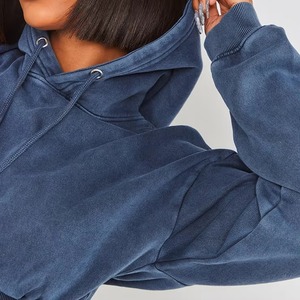 Women Blue Hooded Cropped Sweatshirt And Loose Fit Drawstring Jogger Pants <b>Set</b> Casual Solid Color Full Sleeve Autumn Tracksuit - Product Image 2