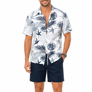 Conjunto de Camisa y Pantalones Cortos con Estampado Tropical para Hombre, Atuendo Casual de Verano, Patrón Floral, Botones, Ropa de Playa, 100% Poliéster, Tejido Satinado - Product Image 1