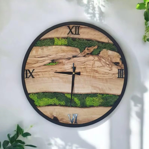 Handmade Wooden Clock Natural Preserved Moss Wall Clock Unique Olive Wood <b>Frame</b> Eco-Friendly Custom Modern Design - Product Image 1