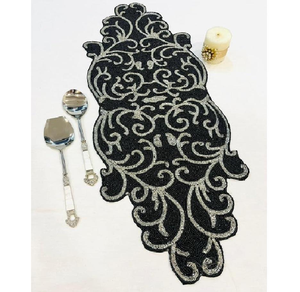 Chemin de table rectangulaire perlé en damassé royal moderne, éco-responsable et fait main |   Centre de table de dîner avec un travail de perlage complexe |   Produits indiens en vrac - Product Image 4