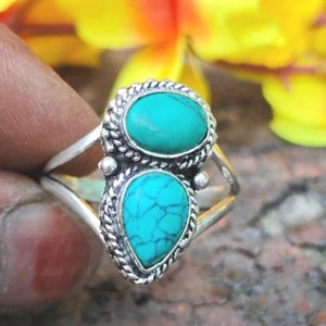 Handmade Sterling <b>Silver</b> plated Double Turquoise Stone <b>Ring</b>, Vintage <b>Boho</b> Style - Product Image 4