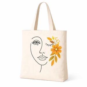 AMANI Premium 250gsm Cotton <b>Canvas</b> <b>Tote</b> Bag Minimalist Face Floral Print Long Handle Eco Friendly Washable Reusable Shopping Bag - Product Image 1