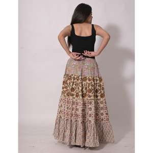 กระโปรงยาวสไตล์วินเทจผ้าฝ้ายปะติดปะต่อพิมพ์ลายบล็อก โบโฮ แม็กซี่สเกิร์ต ทำมือสำหรับผู้หญิง ใส่ไปงานเทศกาล ดีไซน์จีบ ซักได้ - Product Image 4