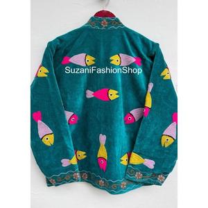 Veste en velours respirant brodée à la main, motif poisson, manches longues, style ouvert, pour femme, idéale pour l'hiver, prix de gros - Product Image 2