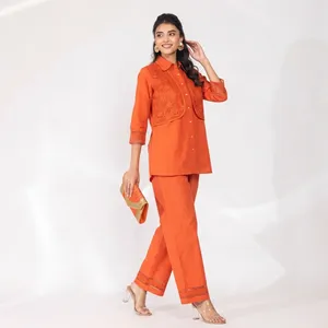 Conjunto de Dos Piezas de Lino y Algodón Naranja para Mujer, Camisa con Cuello de Solapa, Manga Tres Cuartos, Pantalones Rectos, Corte Regular, Atuendo Elegante de Verano - Product Image 4