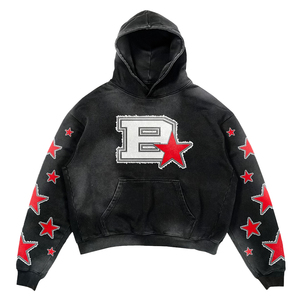 Custom <b>Vintage</b> Washed Cotton Pullover Black Hoodie Distressed Embroidery Letter Star Streetwear Boxy Winter Heavy GSM <b>Sweatshirt</b> - Product Image 2
