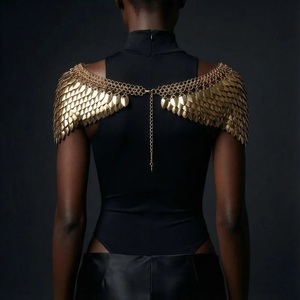 Epaulettes de Armadura de Cadena Escamas de Dragón, Armadura Gótica para Hombros, Estilo Burning Man - Imitación Antigua, Dorado Brillante, Azul Cielo - Product Image 4