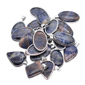 Colliers pendentifs ovales en sodalite naturelle, plaqué argent 925, serti clos, bijoux vintage chrétiens unisexes - Product Image 1