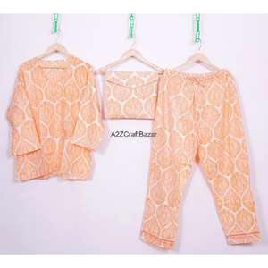 Conjunto de Pijama de Mujer, Hecho a Mano, de Lujo, Romántico, con Estampado Floral, Manga Tres Cuartos, Cuello en V, Cintura Elástica, 100% Algodón, Suave y Transpirable - Product Image 1