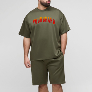 Men Summer Two-Piece Set Olive Green Crew Neck T-Shirt & <b>Shorts</b> Quick Dry Knitted <b>Polyester</b> Casual Wear Customizable Summer set - Product Image 1