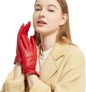 Leather <b>Gloves</b> Women Winter Full-Hand Touch Screen Warm Driving <b>Gloves</b> Lambskin Cashmere lined Red - Product Image 1