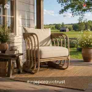 Fauteuil en rotin naturel fait main avec coussin, chaise longue rustique de style farmhouse pour salon, patio, hôtel, mobilier de resort - Product Image 1