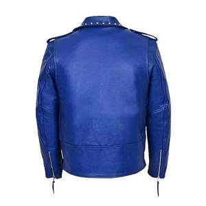 Blouson en cuir PU bleu unisexe, style motard, respirant, avec fermeture éclair, logo personnalisé, col en V, style streetwear, doublure en coton, pour l'automne - Product Image 2