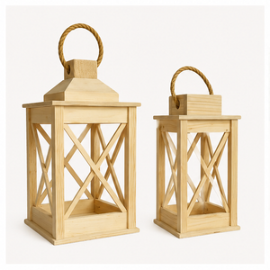 <b>Set</b> of 2 Rustic Farmhouse Wooden <b>Lanterns</b> with Natural Jute Rope Handle Vintage Decorative Candle Holders for Home Garden Use - Product Image 1
