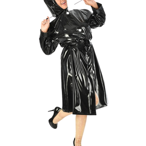 Elegante Gabardina Negra de PVC con Cinturón, Manga Larga, Capucha, Impermeable, Largo Midi - Product Image 1
