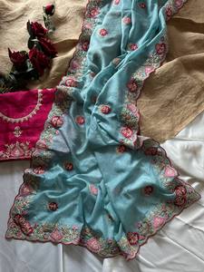 Sari en soie pour femmes, style indien, avec bordure en dentelle brodée, idéal pour les fêtes - Product Image 5