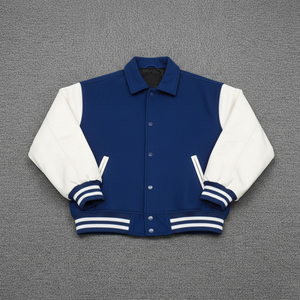Veste universitaire homme bleu et blanc style preppy col montant manches classiques simple boutonnage couleur unie en laine et viscose - Product Image 5